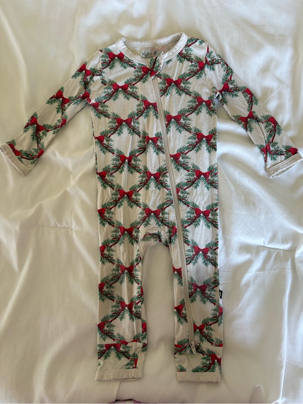 Kyte BABY Cream One-Piece Footie with Red Bow & Green Pine Print
